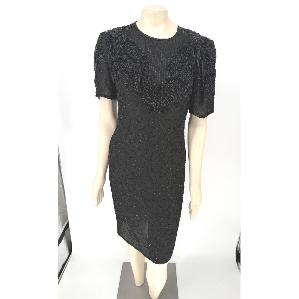 Vintage Riva Designs Black Silk Beaded Sequin Cocktail Dress Size 10 90s Y2K